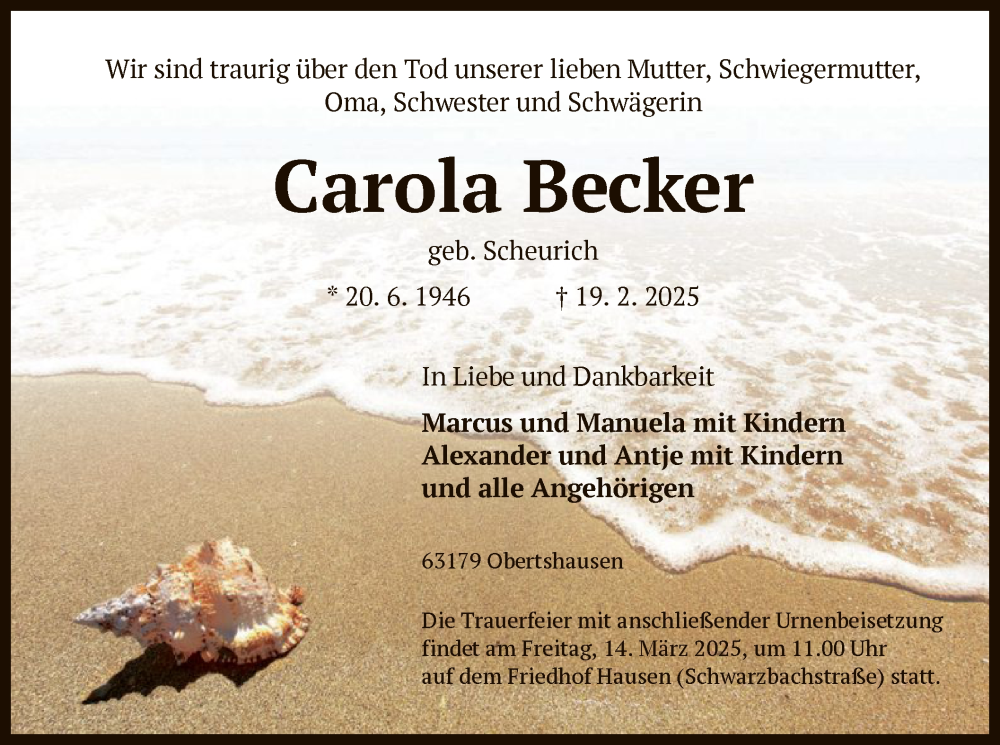  Traueranzeige für Carola Becker vom 08.03.2025 aus OF