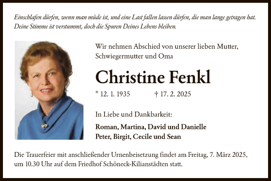 Traueranzeige von Christine Fenkl von OFOF