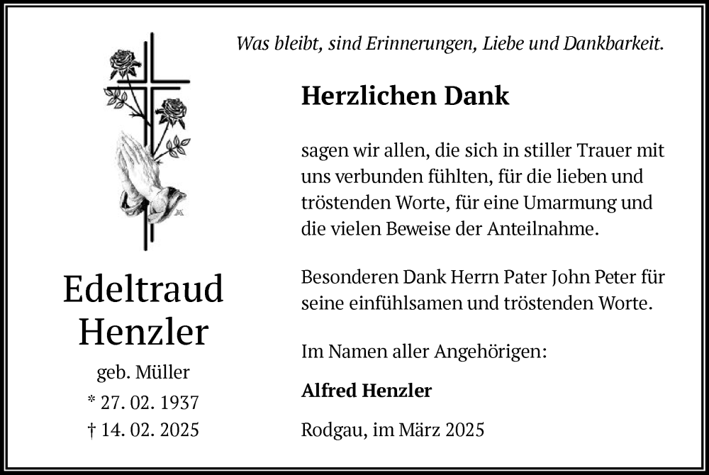  Traueranzeige für Edeltraud Henzler vom 22.03.2025 aus OF