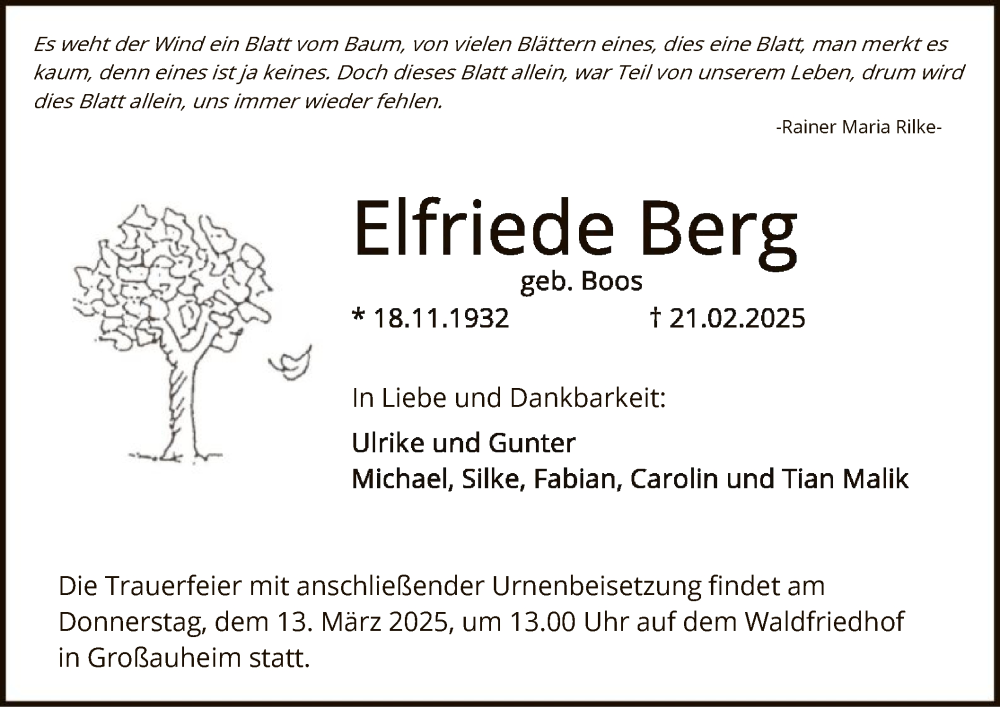  Traueranzeige für Elfriede Berg vom 08.03.2025 aus OF