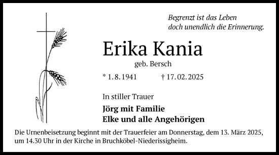 Traueranzeige von Erika Kania von OF