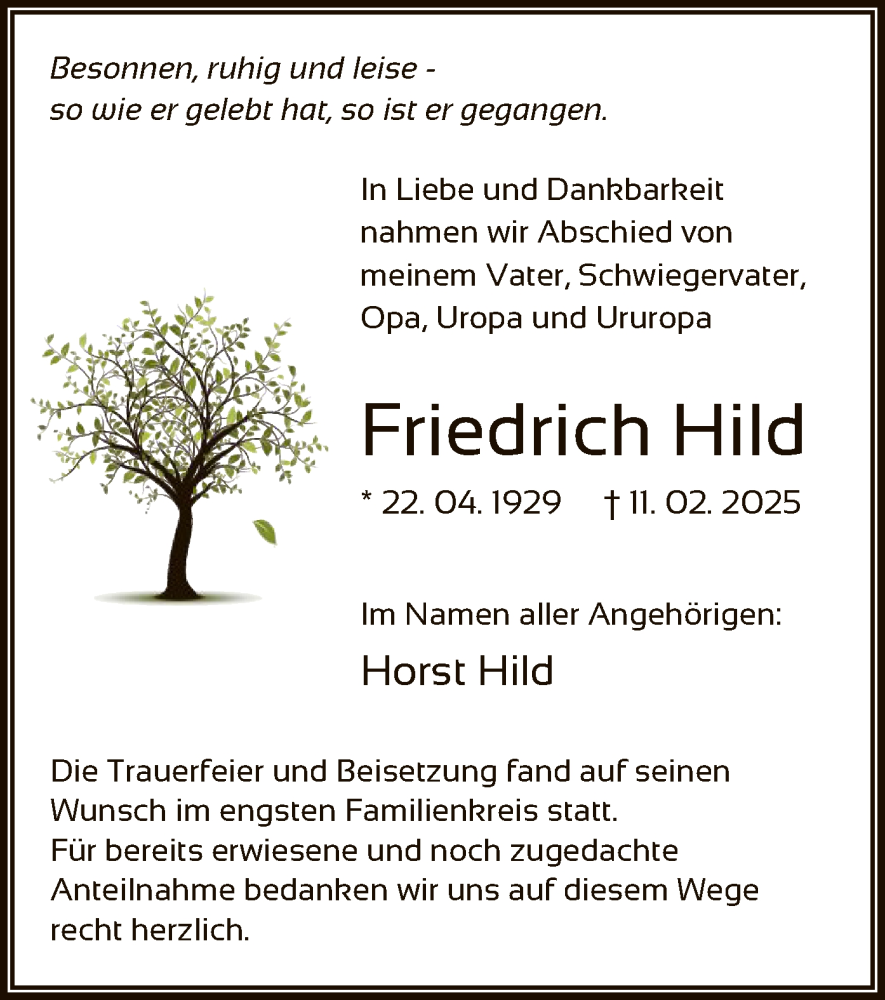  Traueranzeige für Friedrich Hild vom 29.03.2025 aus OF