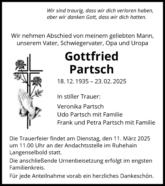 Traueranzeige von Gottfried Partsch von OF