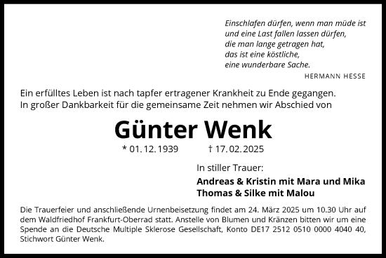 Traueranzeige von Günter Wenk von OF