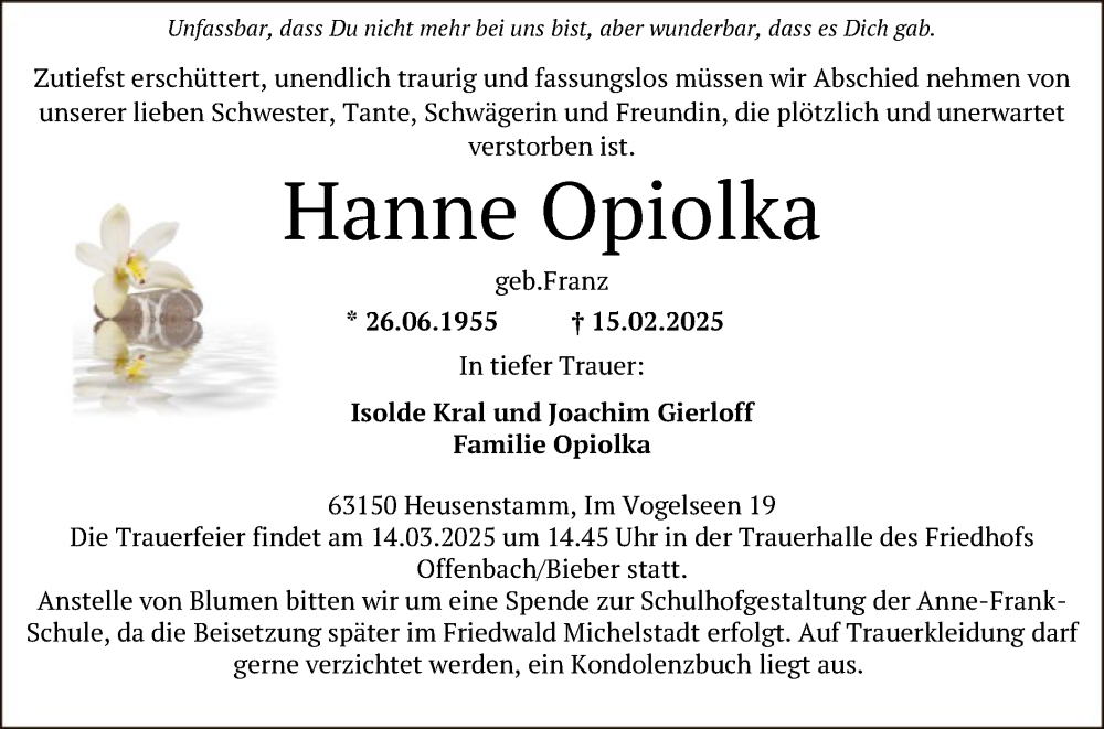  Traueranzeige für Hanne Opiolka vom 08.03.2025 aus OF