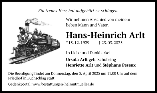Traueranzeige von Hans-Heinrich Arlt von OF