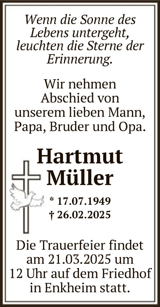  Traueranzeige für Hartmut Müller vom 08.03.2025 aus OF