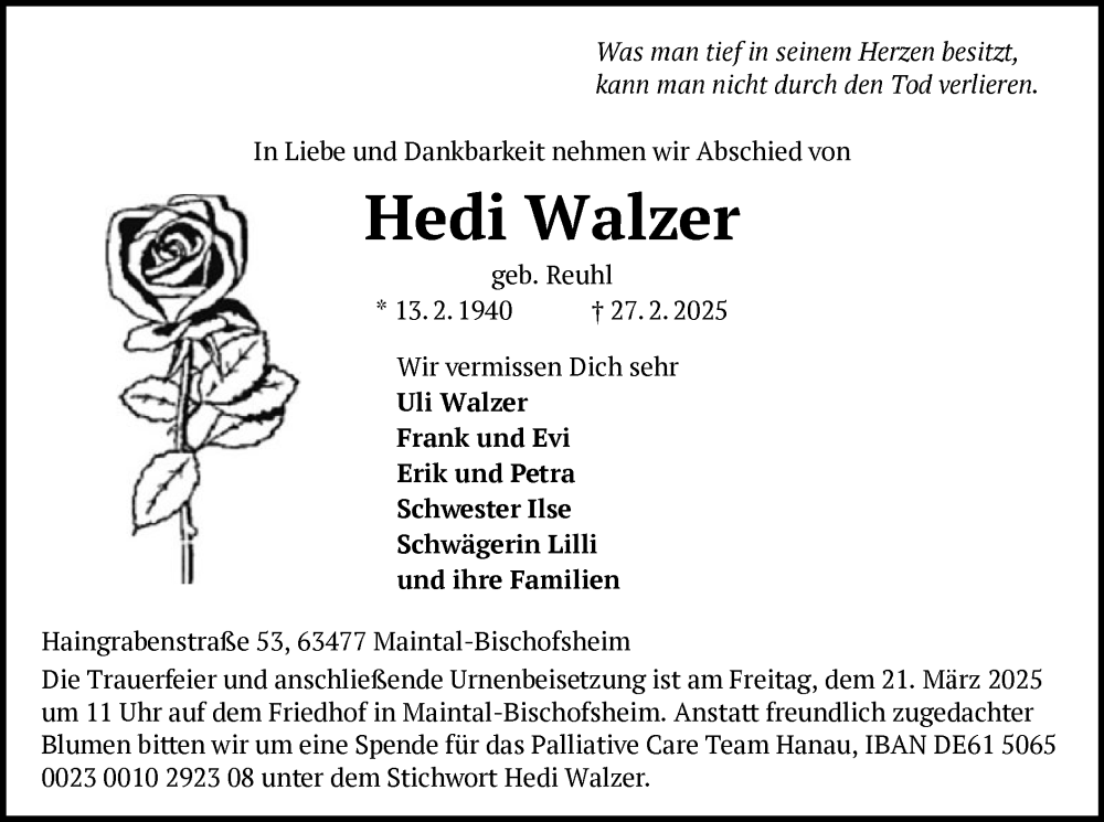  Traueranzeige für Hedi Walzer vom 08.03.2025 aus OF