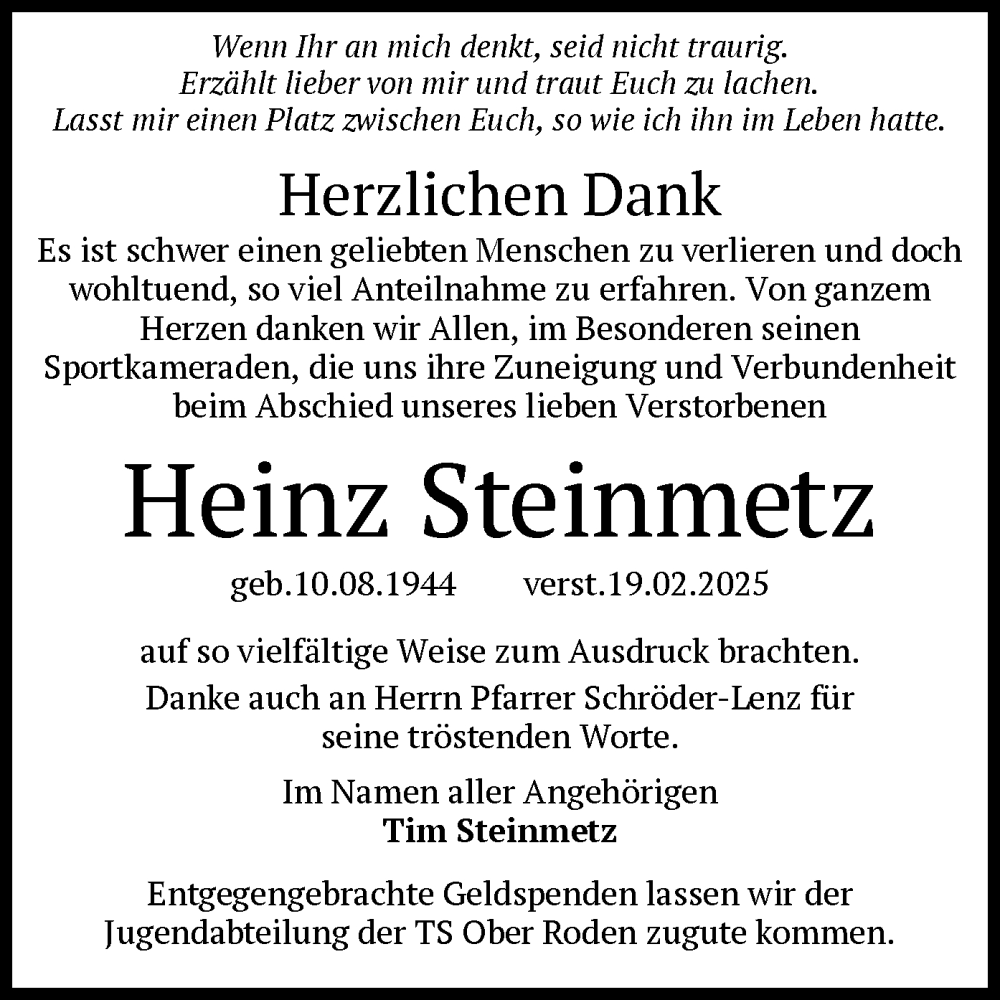  Traueranzeige für Heinz Steinmetz vom 22.03.2025 aus OF