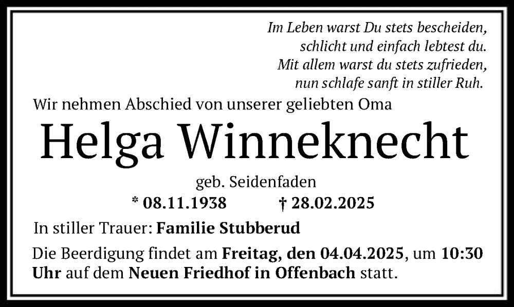  Traueranzeige für Helga Winneknecht vom 29.03.2025 aus OF