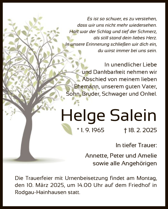 Traueranzeige von Helge Salein von OF