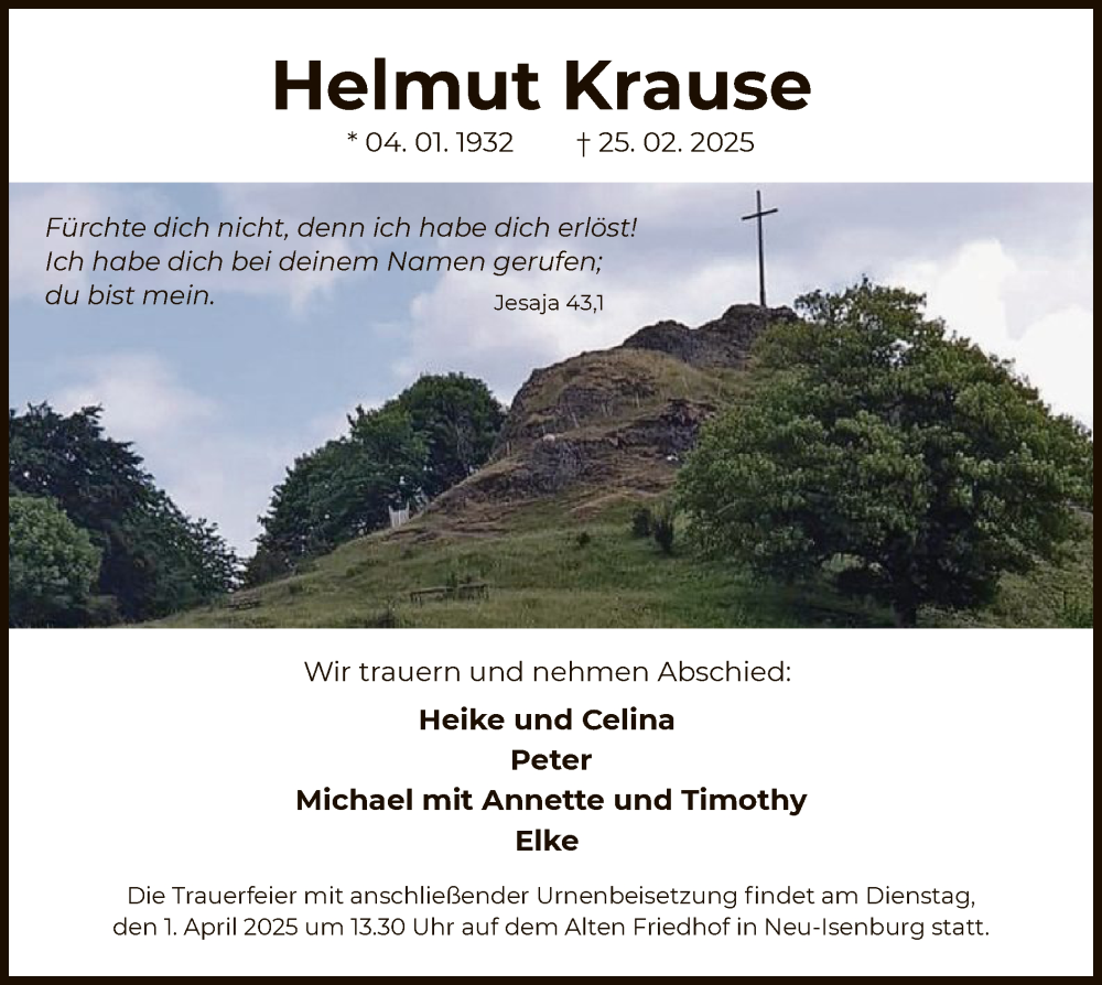  Traueranzeige für Helmut Krause vom 29.03.2025 aus OF