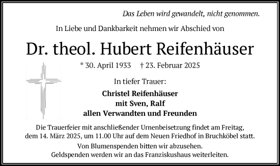 Traueranzeige von Hubert Reifenhäuser von OF