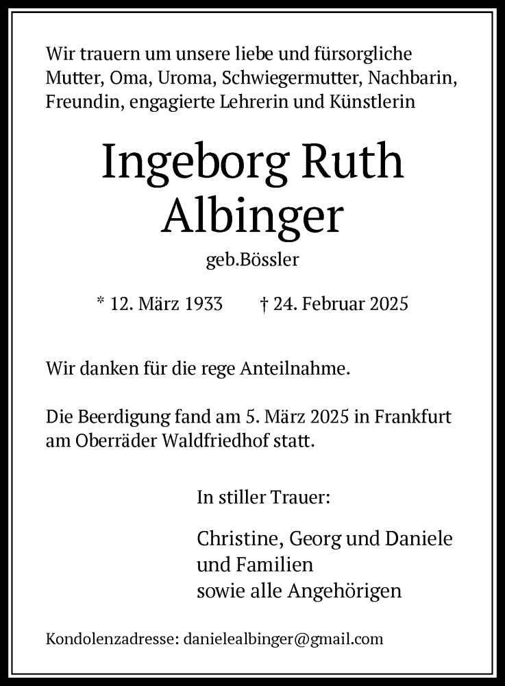  Traueranzeige für Ingeborg Ruth Albinger vom 15.03.2025 aus OF