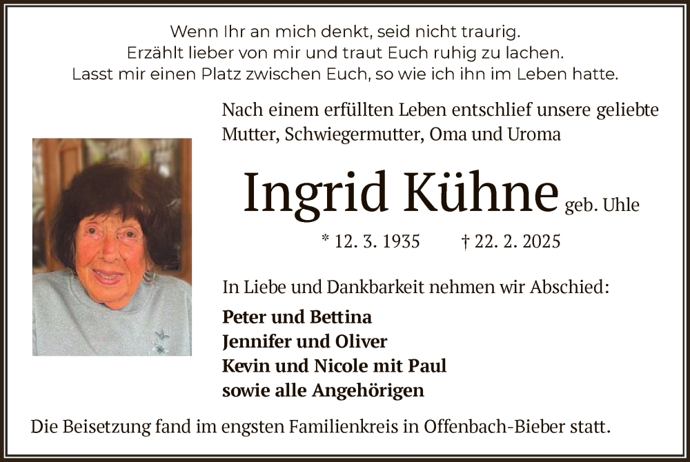  Traueranzeige für Ingrid Kühne vom 08.03.2025 aus OF