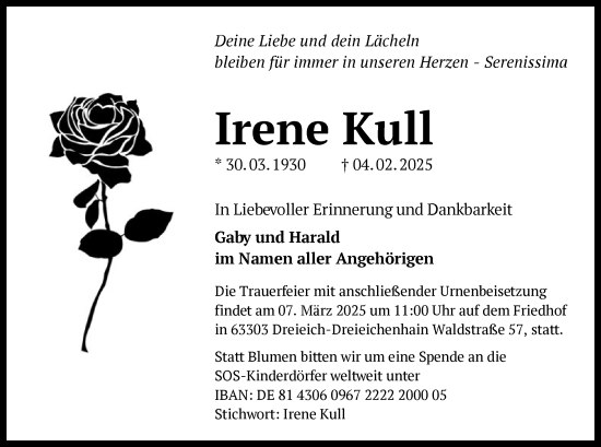 Traueranzeige von Irene Kull von OF