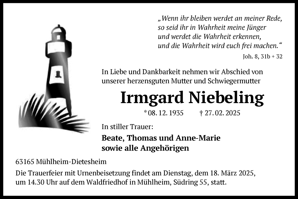  Traueranzeige für Irmgard Niebeling vom 08.03.2025 aus OF