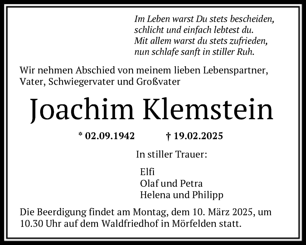  Traueranzeige für Joachim Klemstein vom 01.03.2025 aus OF