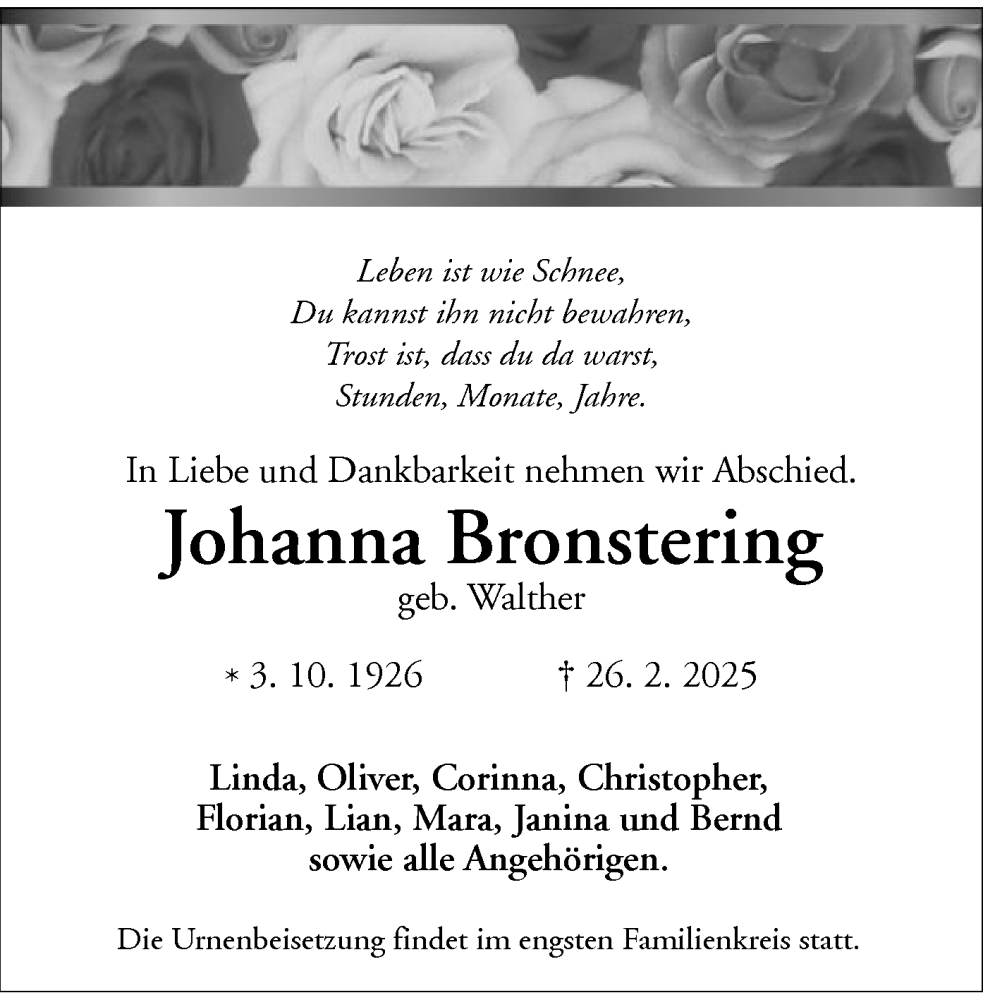  Traueranzeige für Johanna Bronstering vom 08.03.2025 aus OF