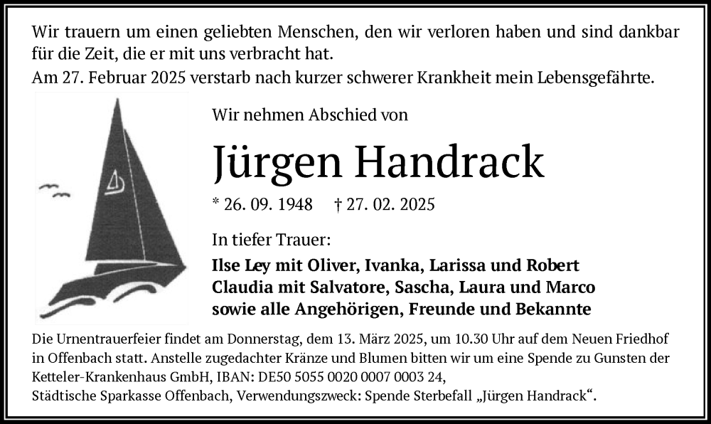  Traueranzeige für Jürgen Handrack vom 08.03.2025 aus OF