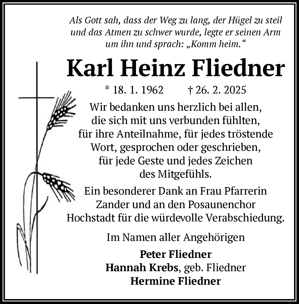  Traueranzeige für Karl Heinz Fliedner vom 29.03.2025 aus OF