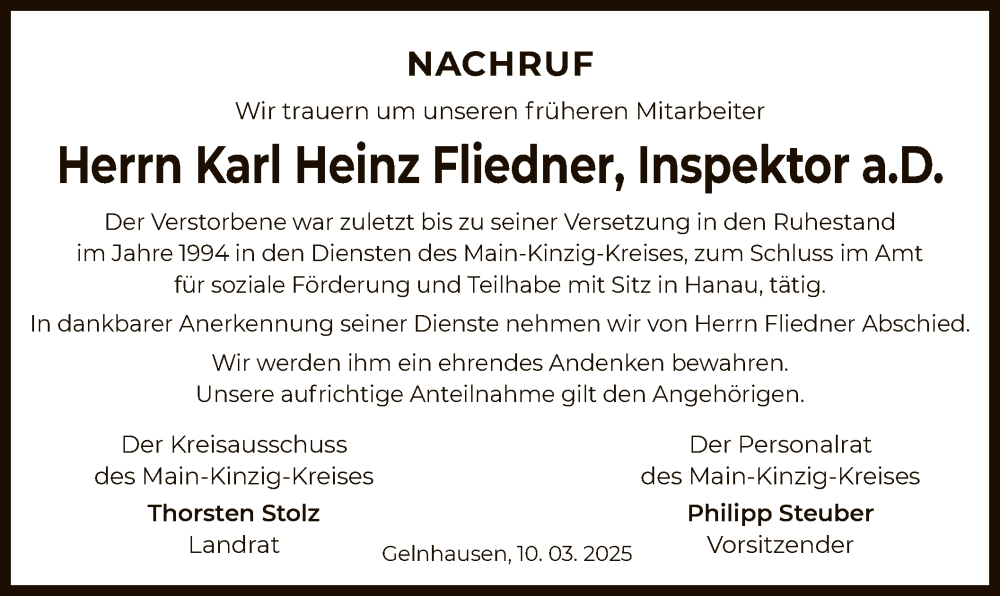  Traueranzeige für Karl Heinz Fliedner vom 15.03.2025 aus OF