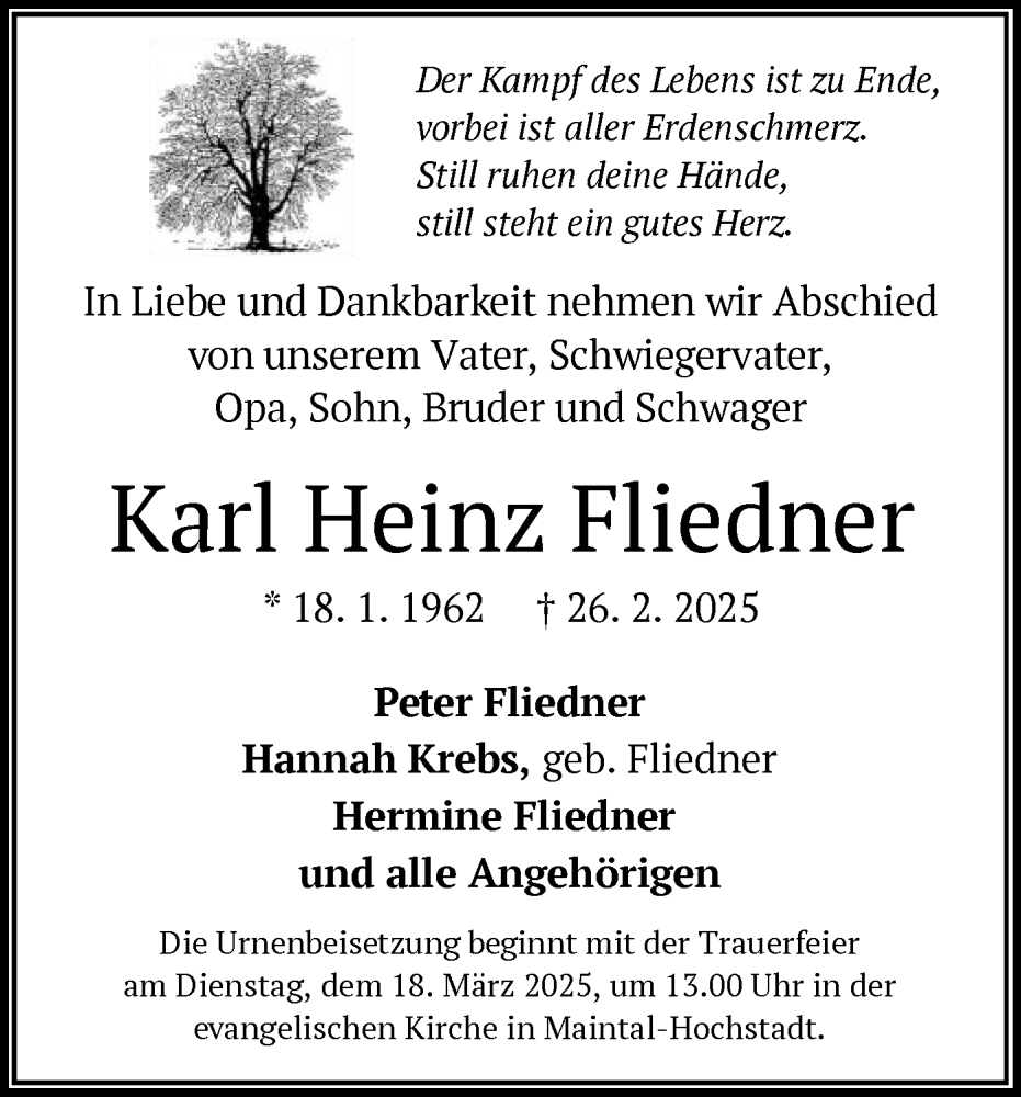 Traueranzeige für Karl Heinz Fliedner vom 08.03.2025 aus OF