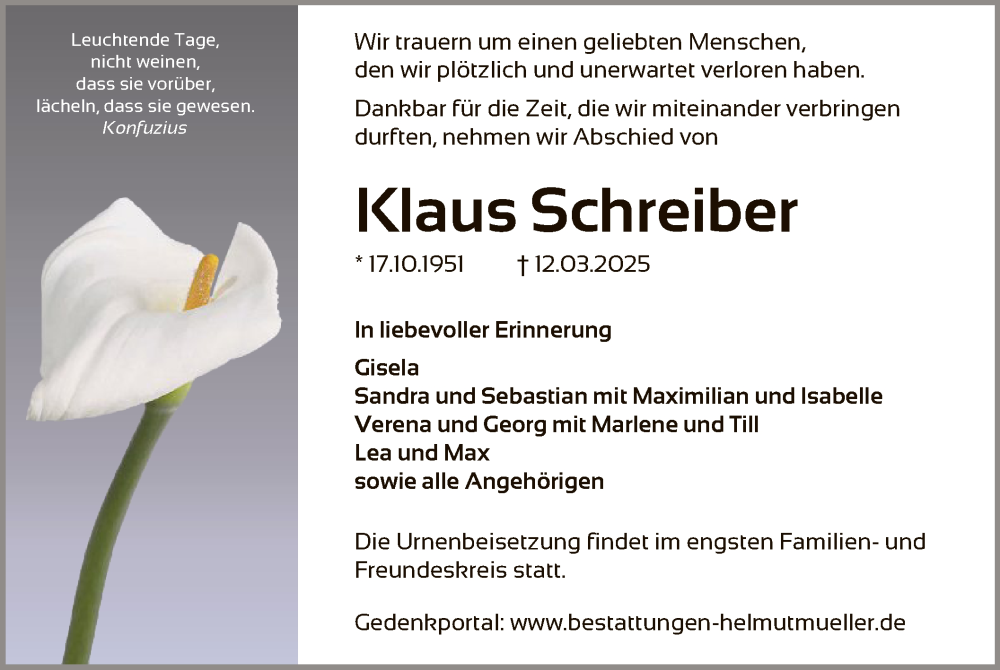  Traueranzeige für Klaus Schreiber vom 22.03.2025 aus OF