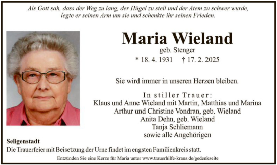 Traueranzeige von Maria Wieland von OF