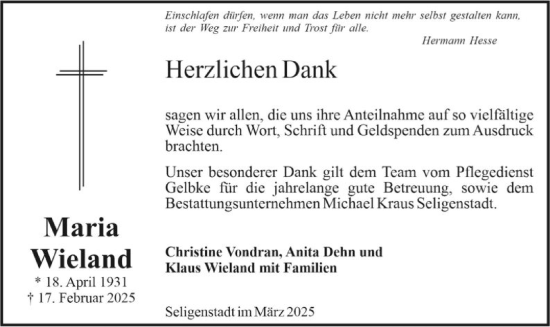 Traueranzeige von Maria Wieland von OF