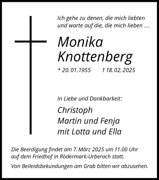 Traueranzeige von Monika Knottenberg von OF