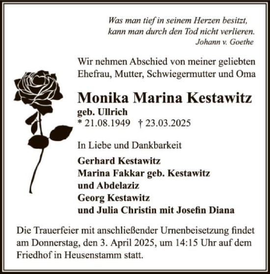 Traueranzeige von Monika Marina Kestawitz von OF