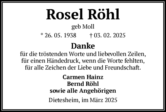 Traueranzeige von Rose Röhl von OF