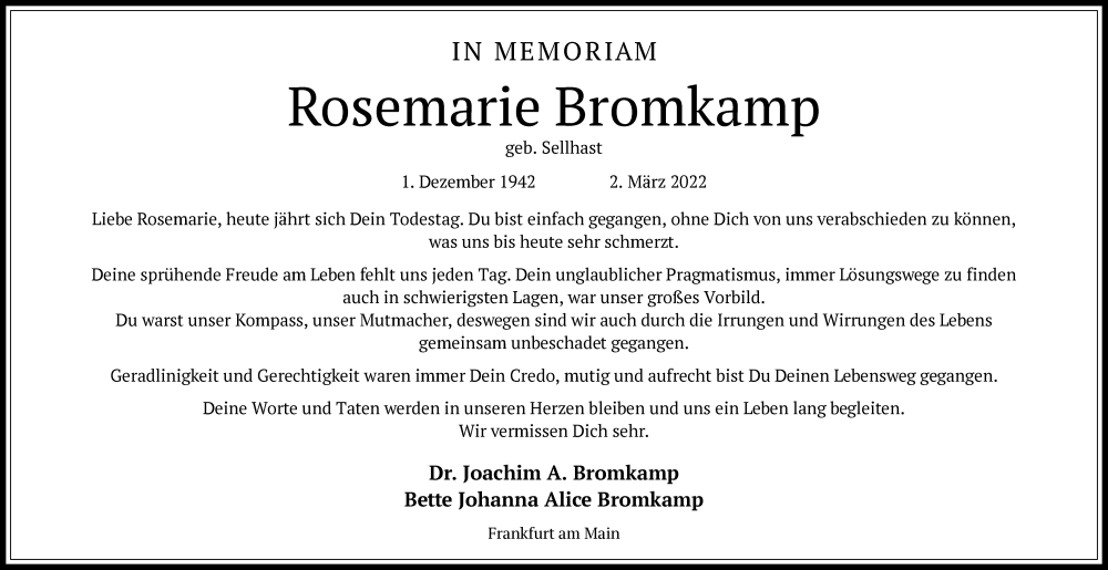  Traueranzeige für Rosemarie Bromkamp vom 03.03.2025 aus OF
