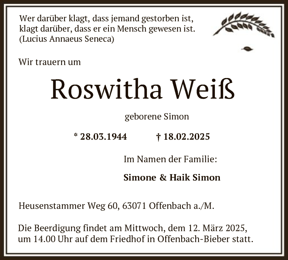  Traueranzeige für Roswitha Weiß vom 08.03.2025 aus OF