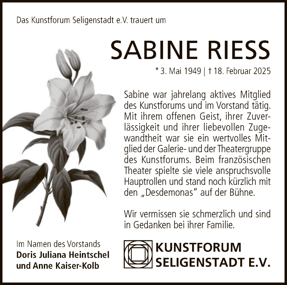  Traueranzeige für Sabine Riess vom 08.03.2025 aus OF
