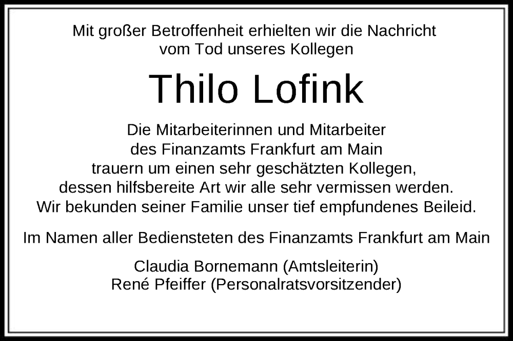  Traueranzeige für Thilo Lofink vom 08.03.2025 aus OF