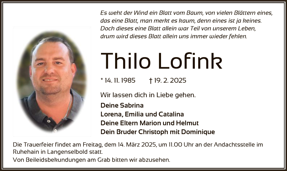  Traueranzeige für Thilo Lofink vom 08.03.2025 aus OF