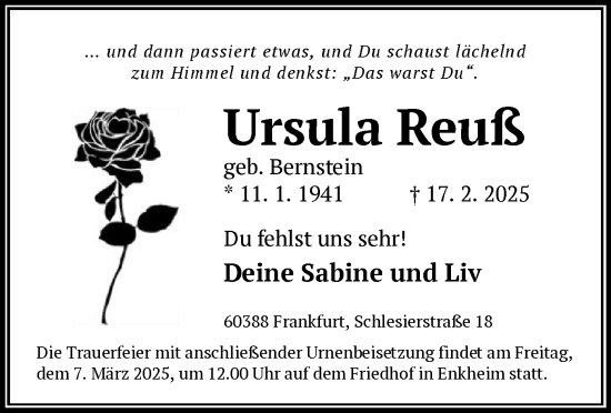 Traueranzeige von Ursula Reuß von OF