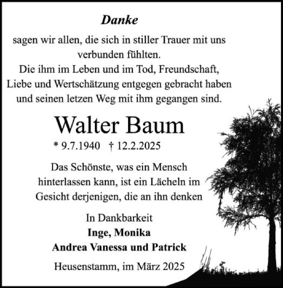  Traueranzeige für Walter Baum vom 22.03.2025 aus OF