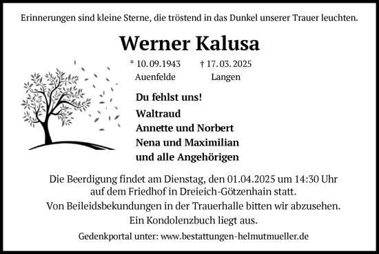 Traueranzeige von Werner Kalusa von OF