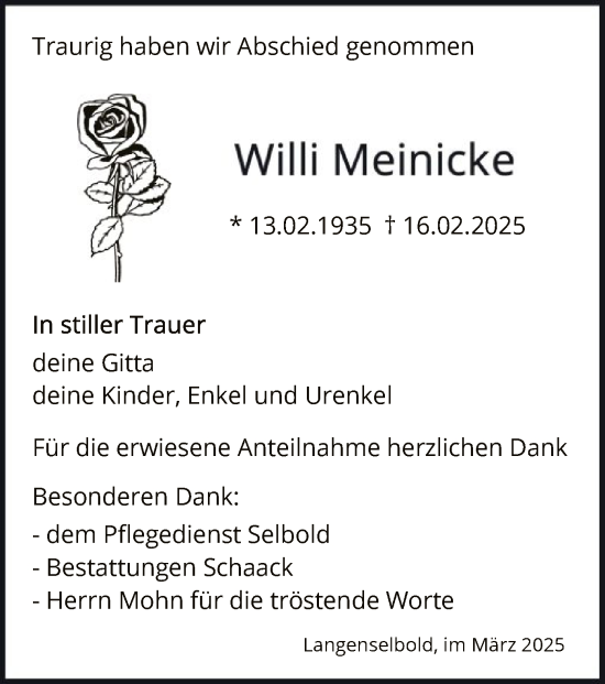 Traueranzeige von Willi Meinicke von OF