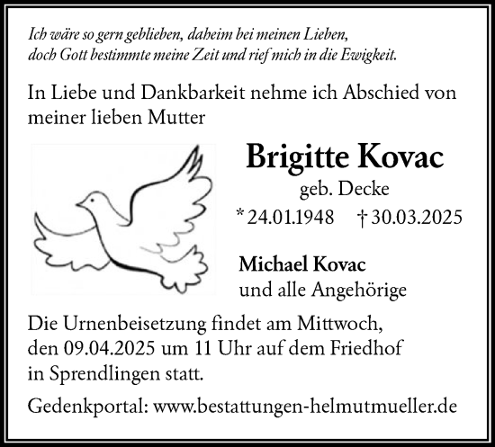 Traueranzeige von Brigitte Kovac von OF
