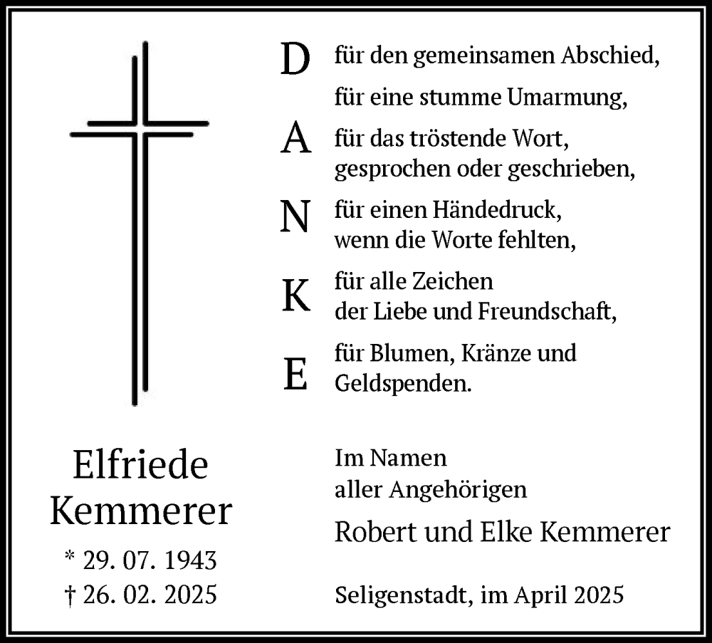 Traueranzeige für Elfriede Kemmerer vom 26.04.2025 aus OF