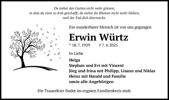 Traueranzeige von Erwin Würtz von OF