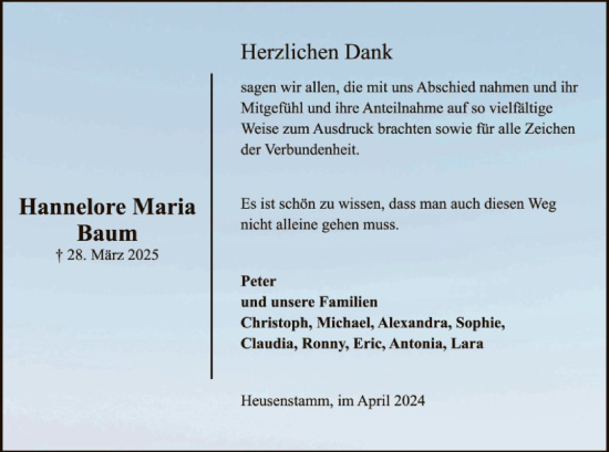 Traueranzeige von Hannelore Maria Baum von OF