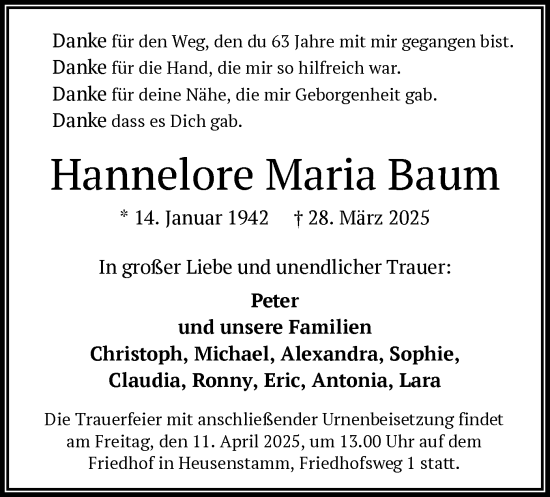 Traueranzeige von Hannelore Maria Baum von OF