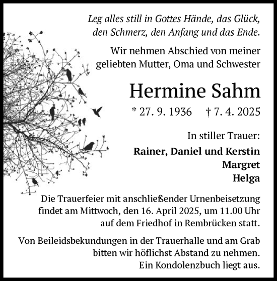 Traueranzeige von Hermine Sahm von OF