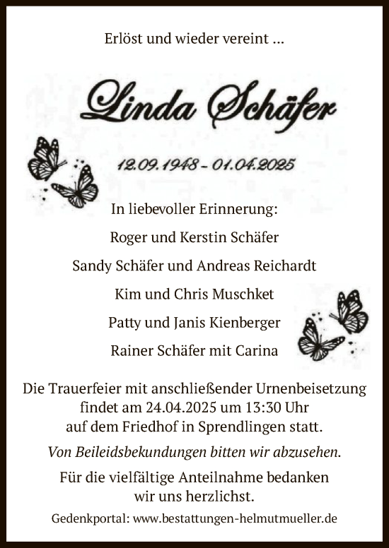 Traueranzeige von Linda Schäfer von OF