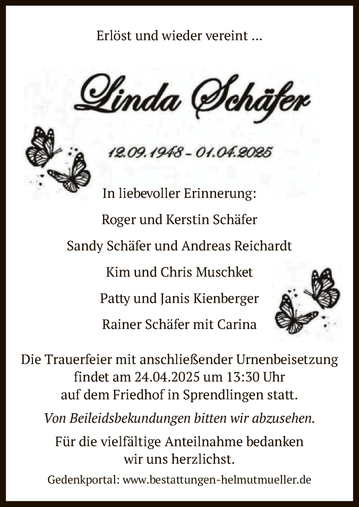  Traueranzeige für Linda Schäfer vom 19.04.2025 aus OF